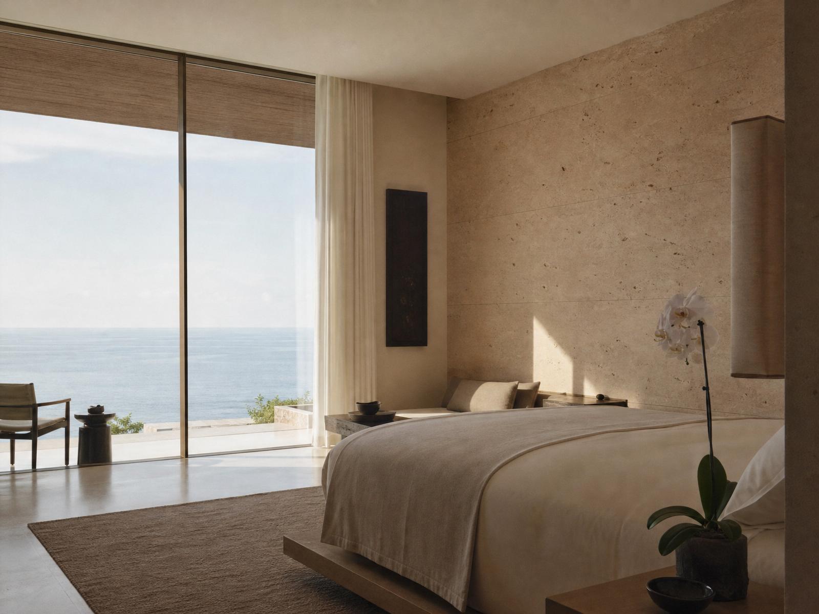 Light-filled hotel suite with a view